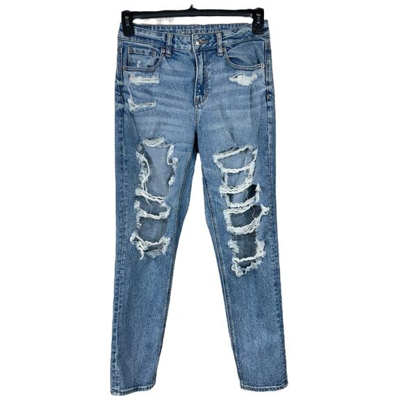 American Eagle SZ 4 LONG Mom Jeans Distressed / Rips Mid-Rise Zip-Fly Whiskered - Picture 1 of 12